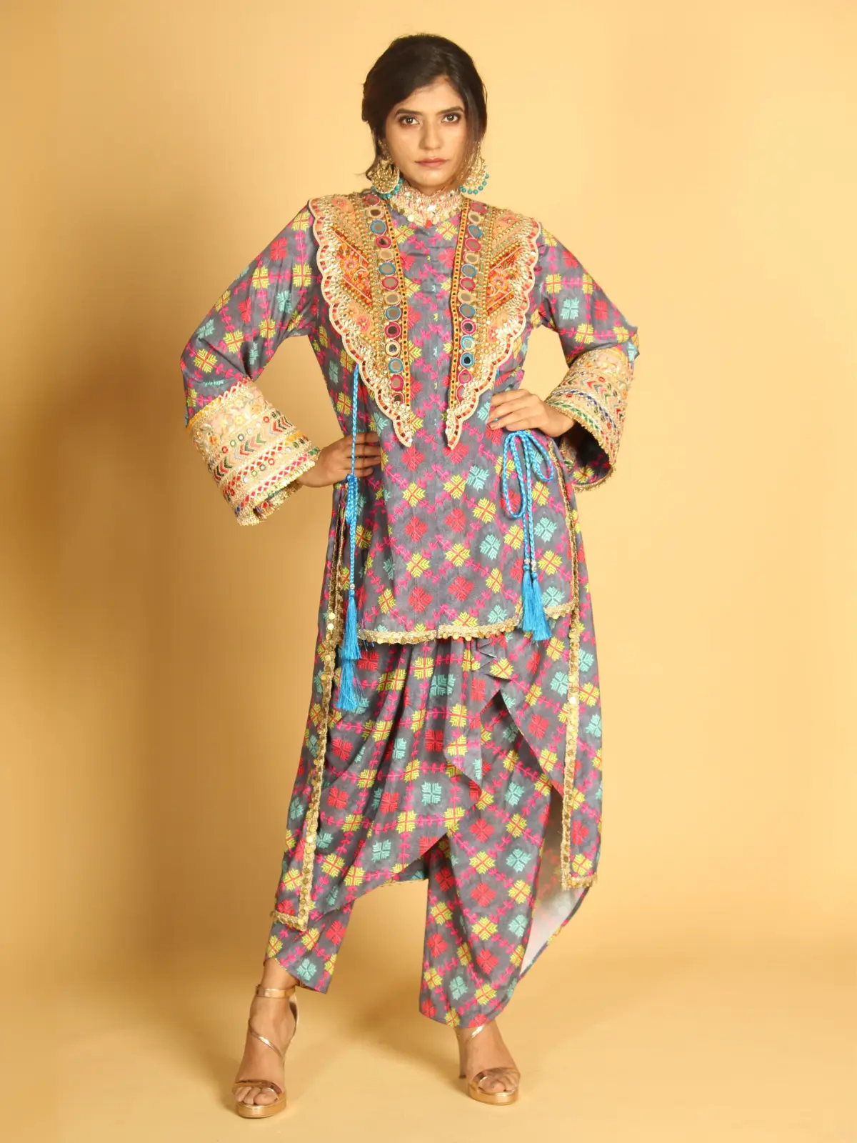 Straight Kurta with Drape Dhoti Front