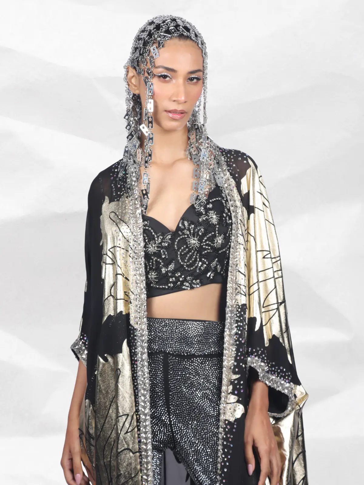 Crystal Bell Bottom Pant w cape w corsette Back