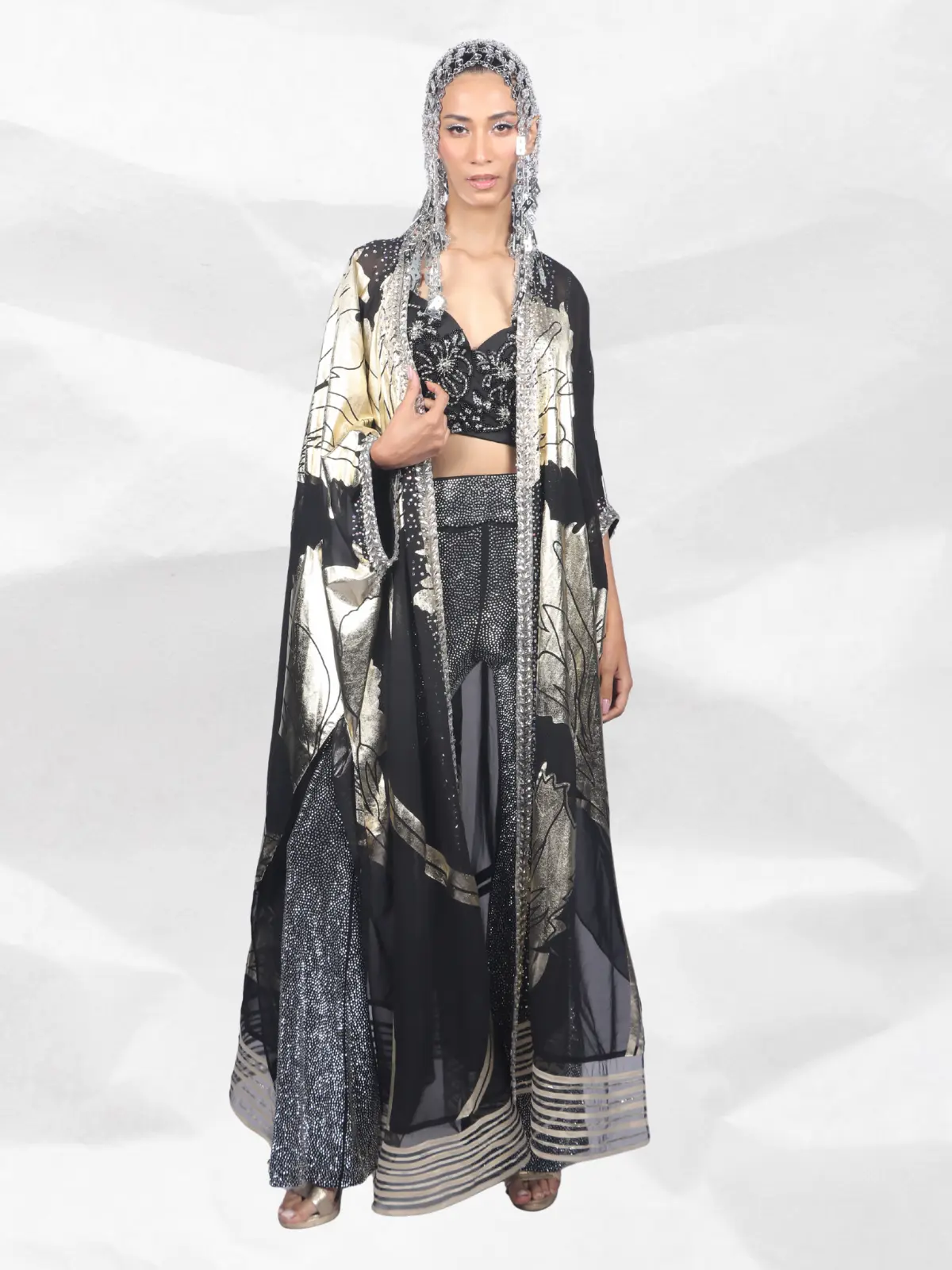 Crystal Bell Bottom Pant w cape w corsette Front