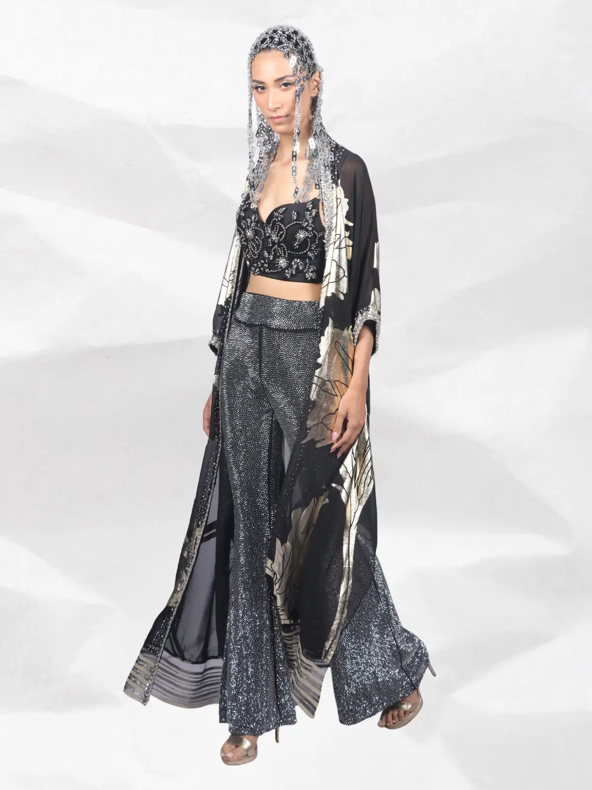 Crystal Bell Bottom Pant w cape w corsette Side