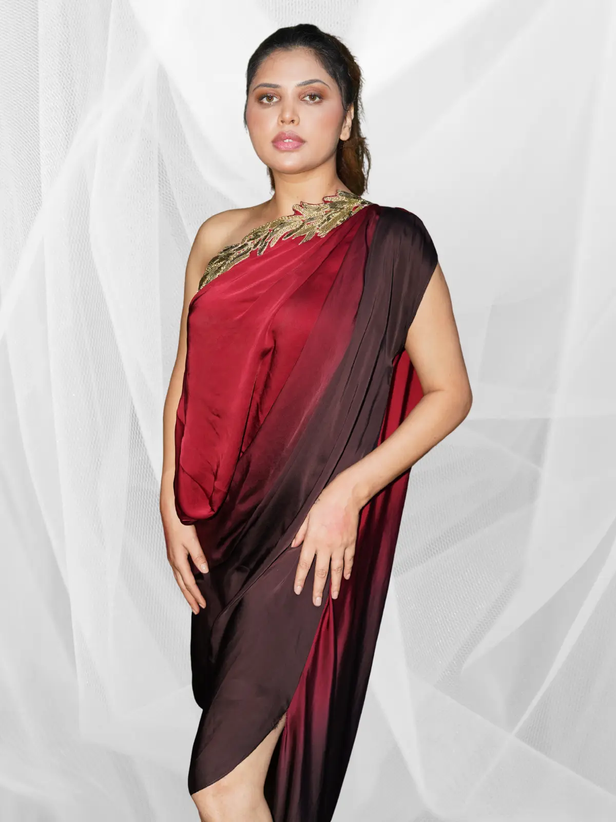 Wine Shadow Drape Dress - Image 5