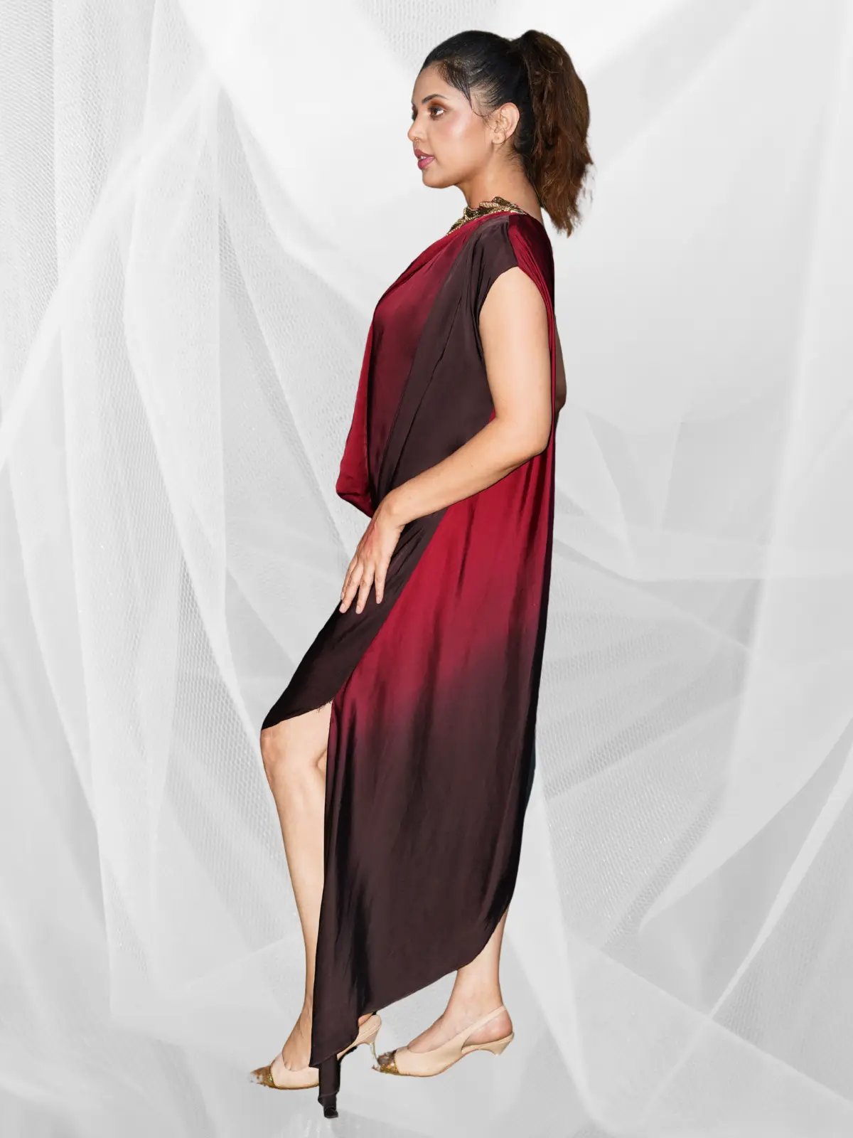 Wine Shadow Drape Dress - Image 3